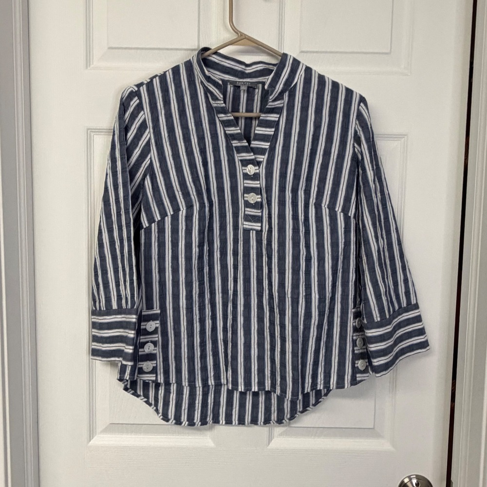 Habitat Clothes to Live In Blue White Striped Split Neck Side Button Top S 11944